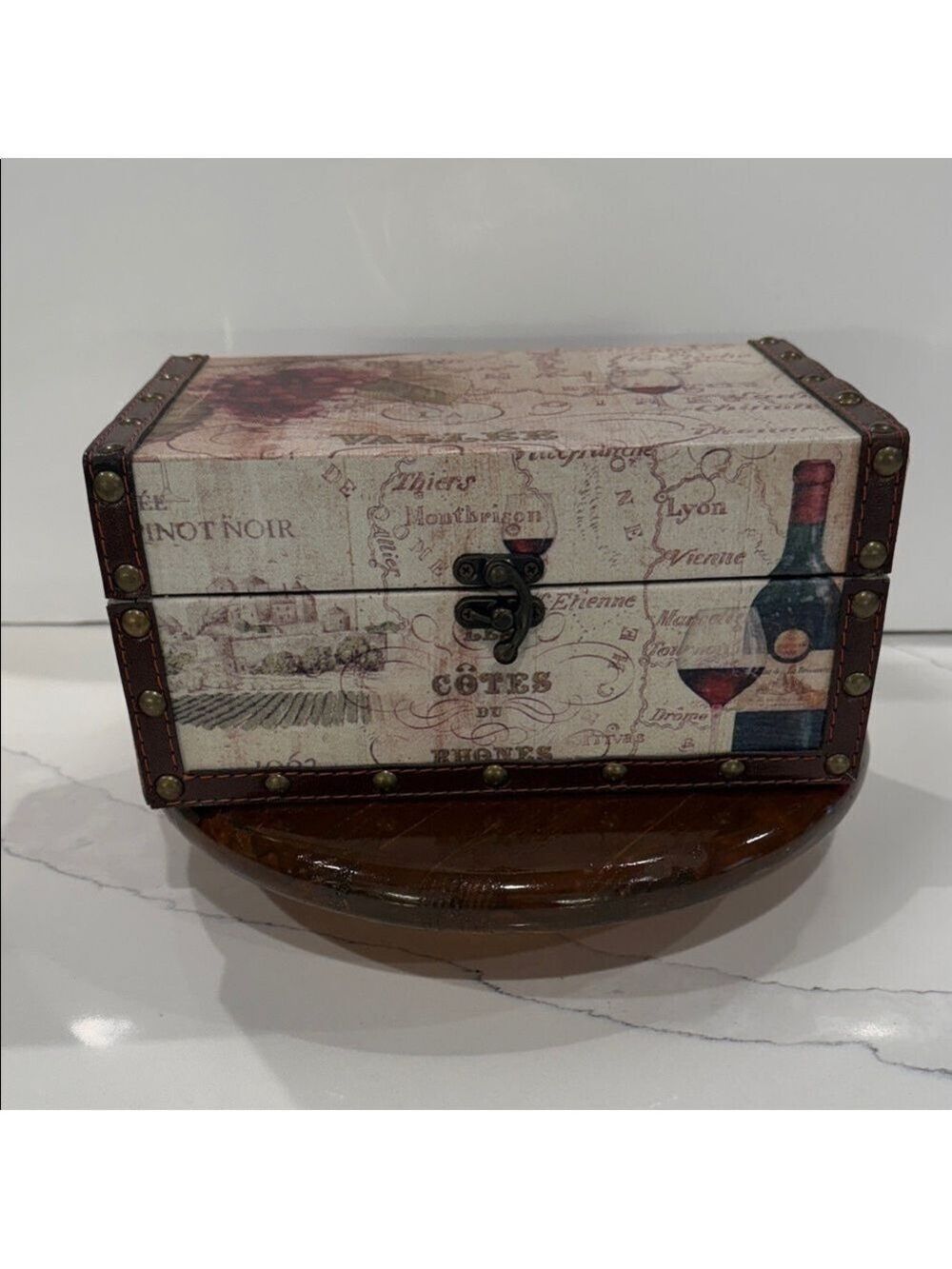 France Wine Country-Themed Decorative Wooden Storage Box, Faux Leather Straps